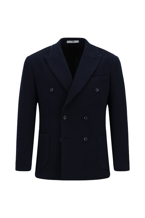 Dark Navy 8 Drop Muscle Fit Long Athletic Cut Pointed Collar Patch Pocket Unlined Lycra Patterned Knit Double-Breasted Jacket