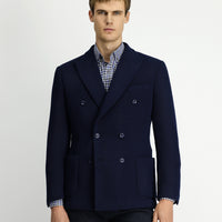 Dark Navy 6 Drop Regular Fit Standard Cut Pointed Collar Patch Pocket Unlined Lycra Patterned Knit Double-Breasted Jacket