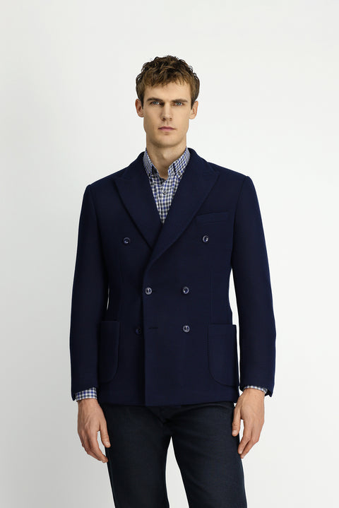 Dark Navy 6 Drop Regular Fit Standard Cut Pointed Collar Patch Pocket Unlined Lycra Patterned Knit Double-Breasted Jacket