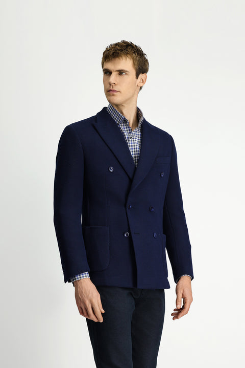 Dark Navy 8 Drop Muscle Fit Long Athletic Cut Pointed Collar Patch Pocket Unlined Lycra Patterned Knit Double-Breasted Jacket