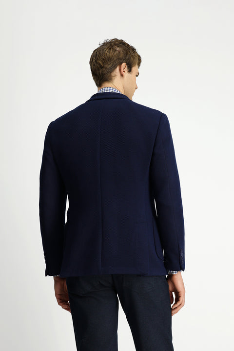 Dark Navy 6 Drop Regular Fit Standard Cut Pointed Collar Patch Pocket Unlined Lycra Patterned Knit Double-Breasted Jacket