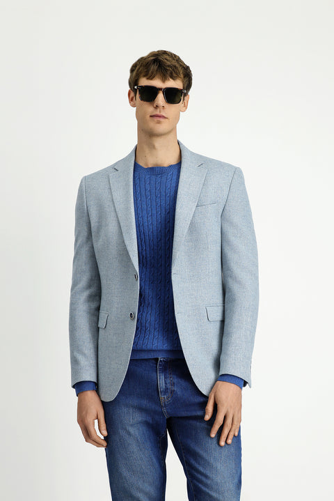 Light Blue 7 Drop Slim Fit Patterned Wool Jacket