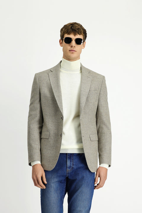Medium Beige 7 Drop Slim Fit Patterned Wool Jacket
