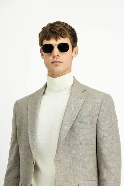 Orta Bej 4 Drop Relaxed Fit Rahat Kesim Desenli Yünlü Ceket