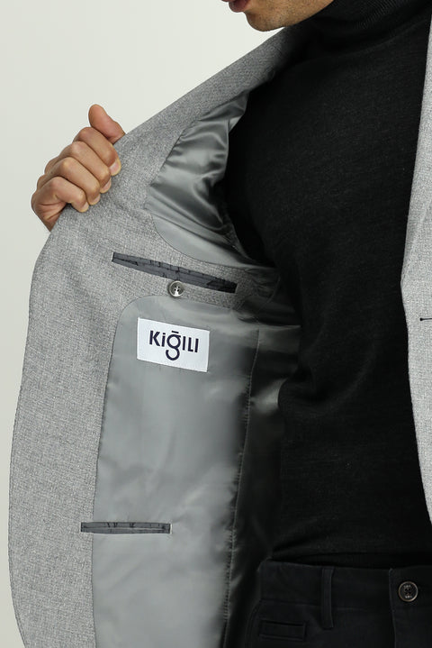 Medium Grey 7 Drop Slim Fit Patterned Sport Wool Jacket