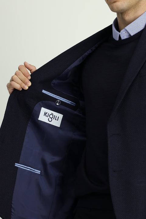 Dark Navy 7 Drop Slim Fit Patterned Sport Wool Jacket