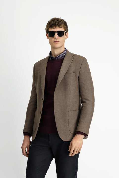Light Brown 7 Drop Slim Fit Patterned Sporty Wool Jacket