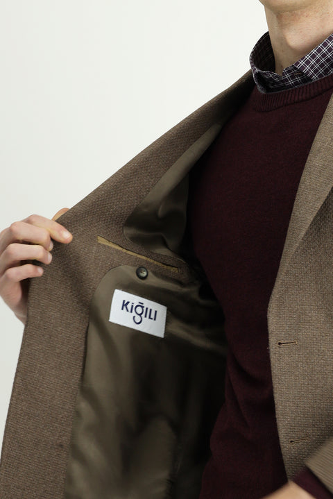 Light Brown 7 Drop Slim Fit Patterned Sporty Wool Jacket
