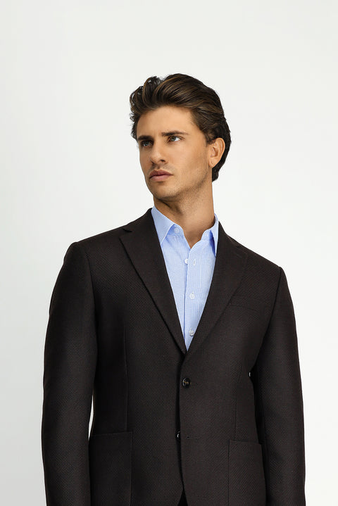 Dark Brown 7 Drop Slim Fit Patterned Sport Wool Jacket