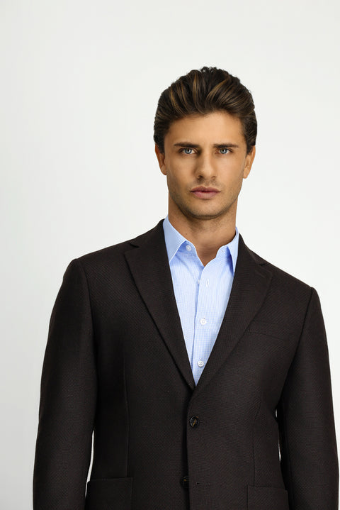 Dark Brown 7 Drop Slim Fit Patterned Sport Wool Jacket