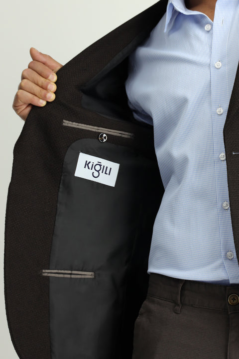 Dark Brown 7 Drop Slim Fit Patterned Sport Wool Jacket