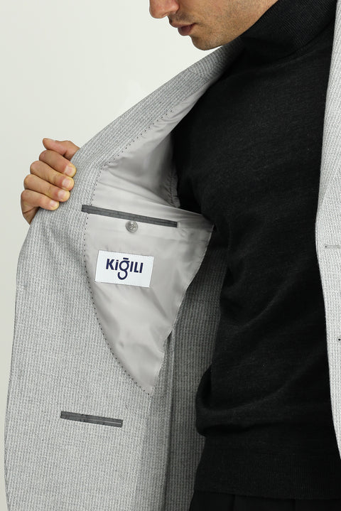 Light Grey 7 Drop Slim Fit Narrow Cut Wool Patterned Sport Jacket