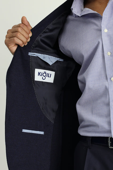 Dark Navy 7 Drop Slim Fit Narrow Cut Wool Patterned Sport Jacket