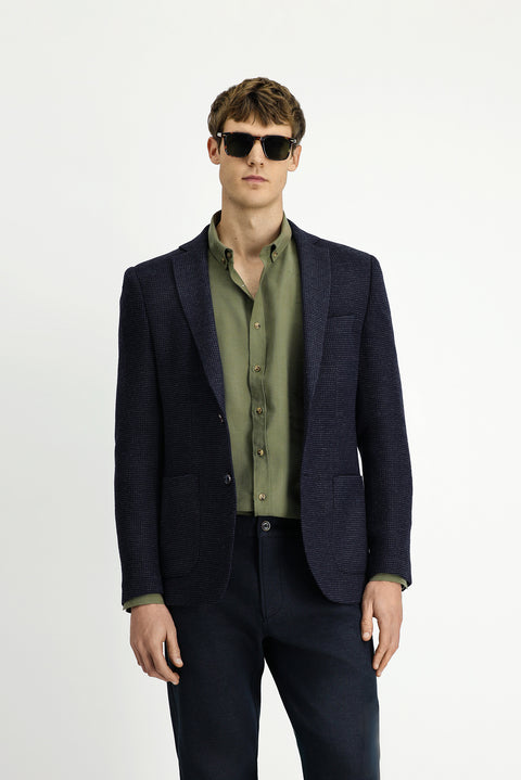Dark Navy 7 Drop Super Slim Fit Extra Narrow Cut Patterned Sport Wool Jacket