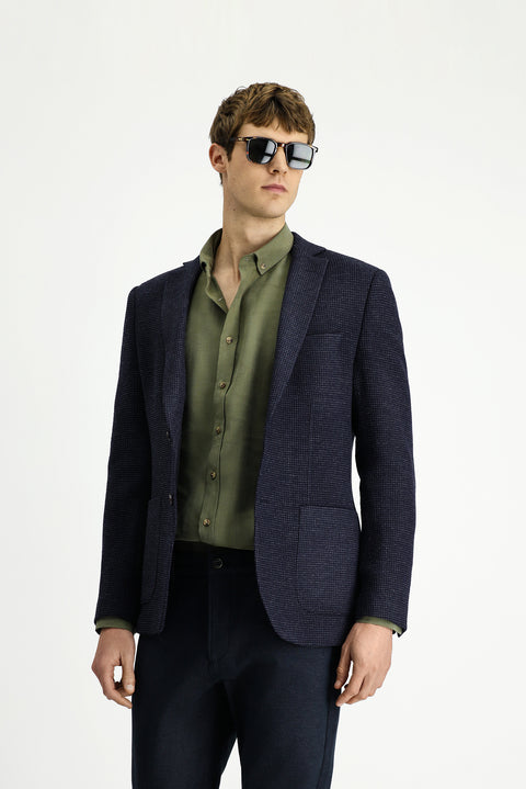 Dark Navy 7 Drop Super Slim Fit Extra Narrow Cut Patterned Sport Wool Jacket