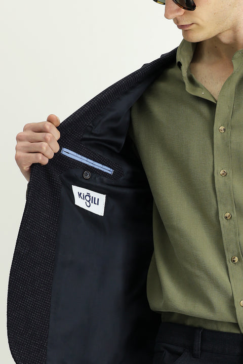 Dark Navy 7 Drop Super Slim Fit Extra Narrow Cut Patterned Sport Wool Jacket