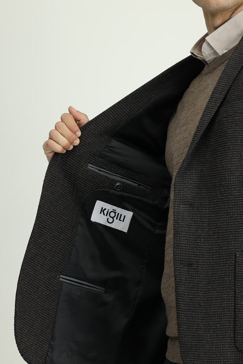 Dark Anthracite 7 Drop Super Slim Fit Extra Narrow Cut Patterned Sport Wool Jacket