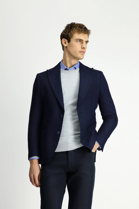 Dark Navy 7 Drop Slim Fit Narrow Cut Mono Collar Patch Pocket Half Lining Patterned Sport Wool Jacket