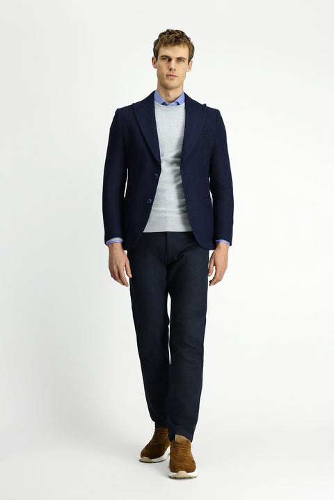 Dark Navy 7 Drop Slim Fit Narrow Cut Mono Collar Patch Pocket Half Lining Patterned Sport Wool Jacket