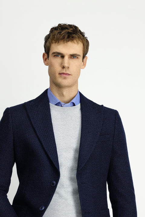Dark Navy 7 Drop Slim Fit Narrow Cut Mono Collar Patch Pocket Half Lining Patterned Sport Wool Jacket