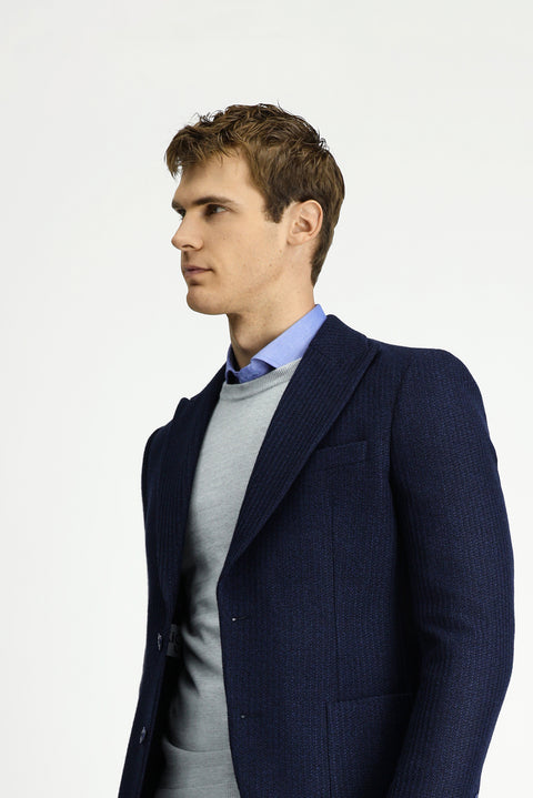 Dark Navy 7 Drop Slim Fit Narrow Cut Mono Collar Patch Pocket Half Lining Patterned Sport Wool Jacket