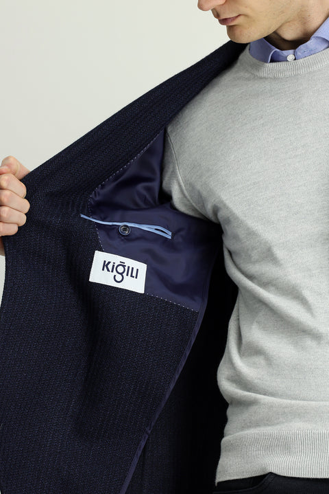 Dark Navy 7 Drop Slim Fit Narrow Cut Mono Collar Patch Pocket Half Lining Patterned Sport Wool Jacket