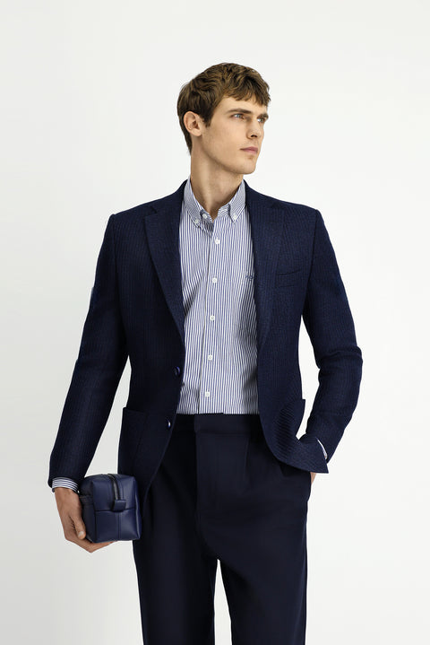 Medium Beige 7 Drop Slim Fit Narrow Cut Mono Collar Patch Pocket Half Lining Patterned Sport Wool Jacket