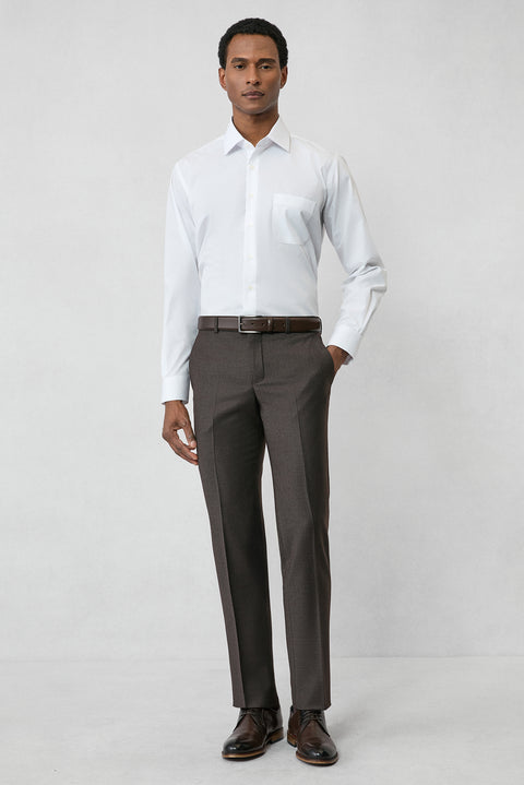 Dark Brown 7 Drop Slim Fit Narrow Cut Wool Flannel Classic Trousers