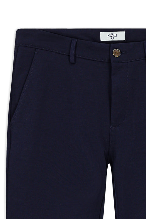 Mid Navy Regular Fit Standard Cut Stretchy Canvas / Chino Trousers