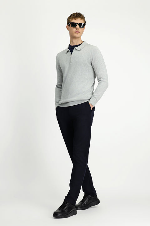 Mid-Navy Slim Fit Narrow Cut Elastic Waist Cotton Canvas / Chino Trousers