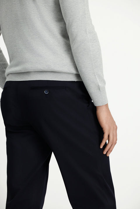 Mid-Navy Slim Fit Narrow Cut Elastic Waist Cotton Canvas / Chino Trousers