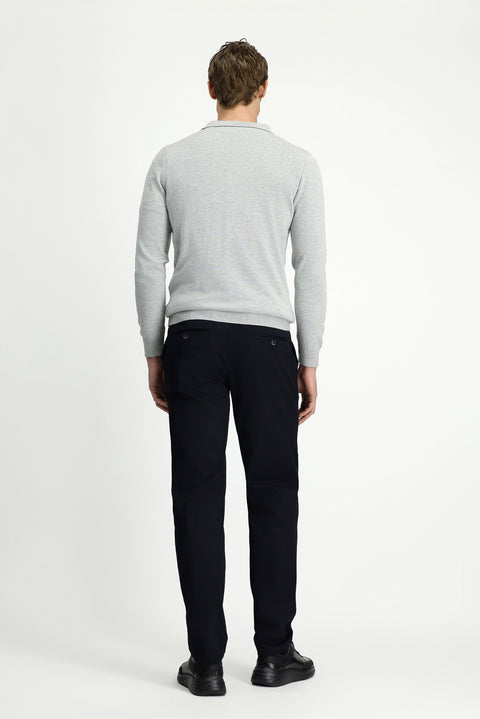 Mid-Navy Slim Fit Narrow Cut Elastic Waist Cotton Canvas / Chino Trousers