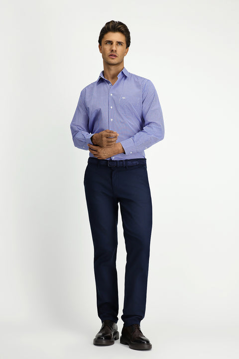 Mid-Navy Blue Slim Fit Stretch Patterned Canvas / Chino Trousers