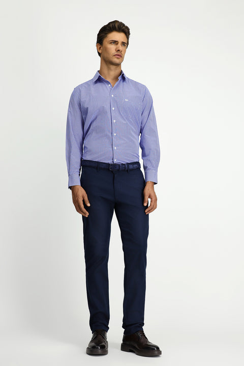 Mid-Navy Blue Slim Fit Stretch Patterned Canvas / Chino Trousers