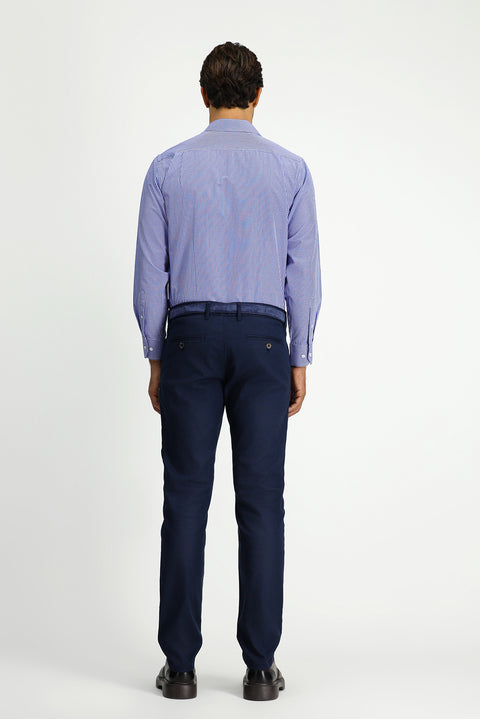 Mid-Navy Blue Slim Fit Stretch Patterned Canvas / Chino Trousers
