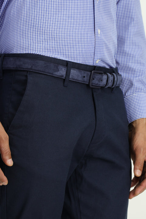 Mid-Navy Blue Slim Fit Stretch Patterned Canvas / Chino Trousers