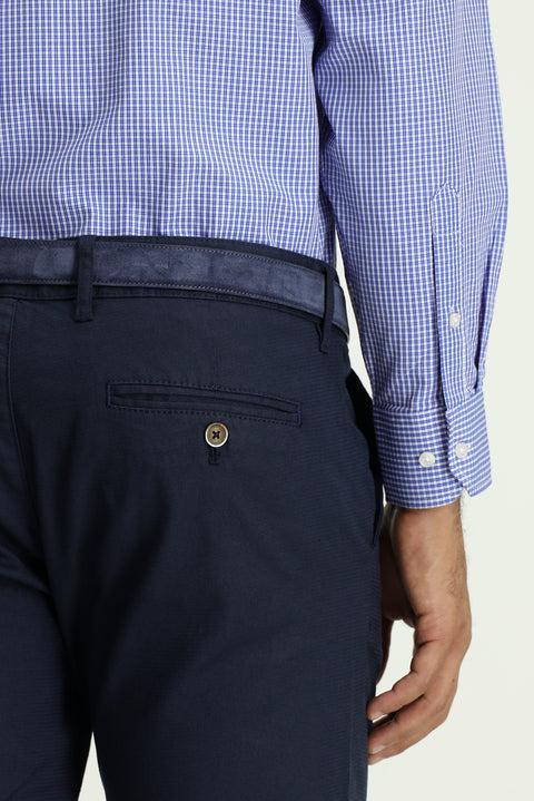 Mid-Navy Blue Slim Fit Stretch Patterned Canvas / Chino Trousers