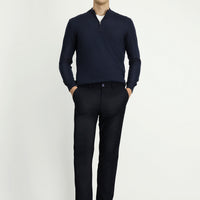 Mid Navy Regular Fit Standard Cut Lycra Canvas / Chino Trousers