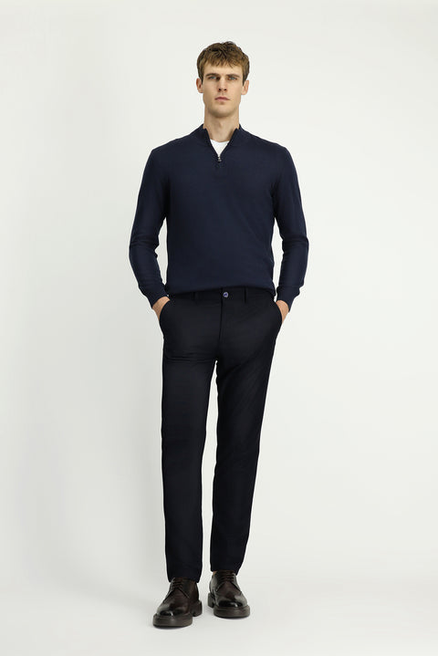 Mid Navy Regular Fit Standard Cut Lycra Canvas / Chino Trousers