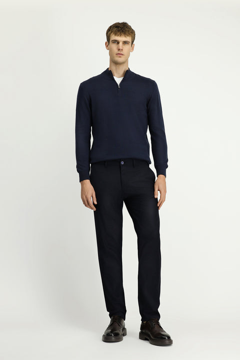 Mid Navy Regular Fit Standard Cut Lycra Canvas / Chino Trousers