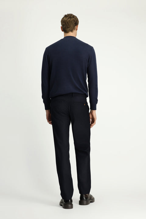 Mid Navy Regular Fit Standard Cut Lycra Canvas / Chino Trousers