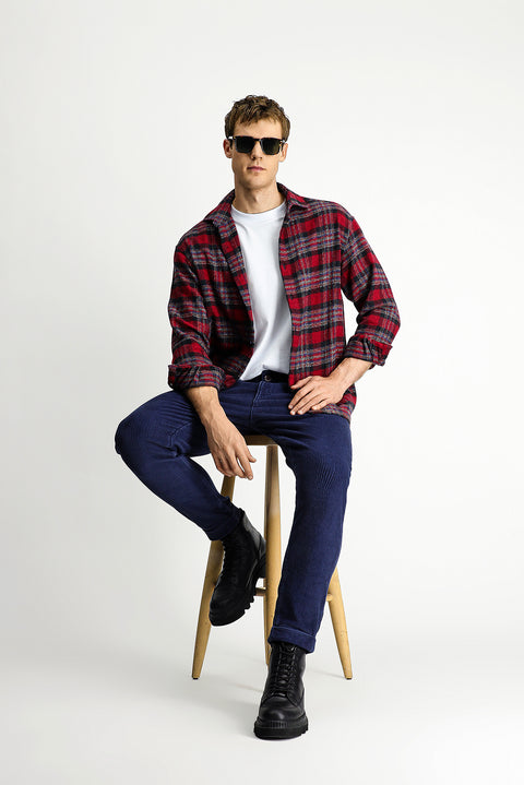 Dark Blue Tapered Fit Lycra Velvet Trousers