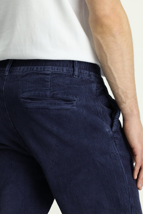 Dark Blue Tapered Fit Lycra Velvet Trousers