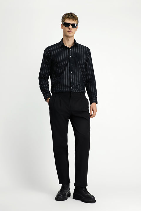 Black Straight Wide Leg Pleated Trousers