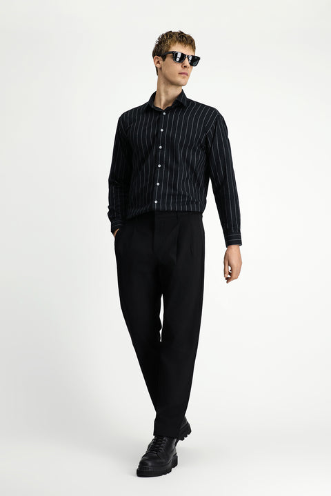 Black Straight Wide Leg Pleated Trousers