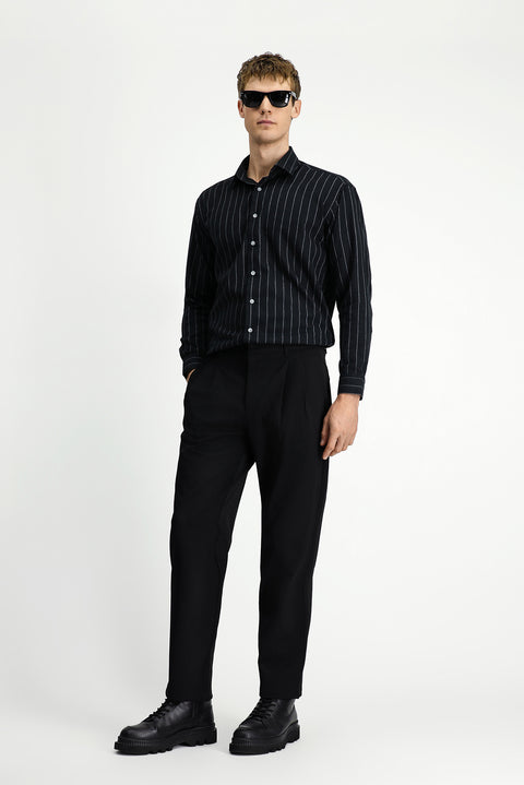 Black Straight Wide Relaxed Fit Pleated Trousers