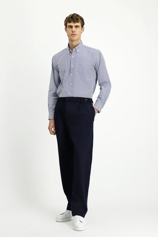  Koyu Lacivert Straight Wide Leg Pileli Pantolon