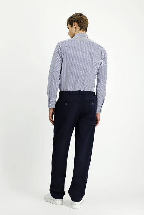 Dark Navy Straight Wide Leg Pleated Trousers
