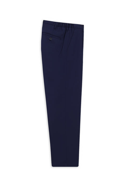 Medium Navy 7 Drop Slim Fit Narrow Cut Lycra Elastic Waist Pleated Canvas / Chino Trousers