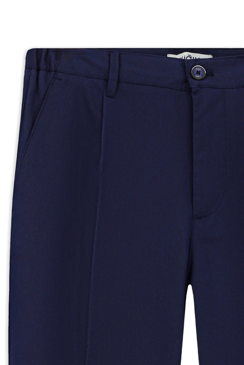Orta Lacivert Straight Relaxed Fit Likralı Esnek Beli Lastikli Pileli Kanvas / Chino Pantolon